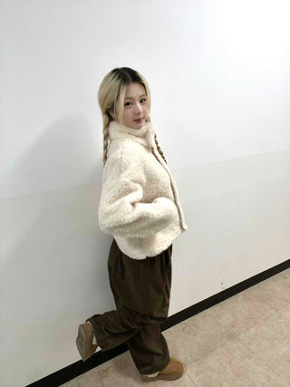 Ribbon Tie-Neck Mink Fur Textured Crop Zip-Up Jacket