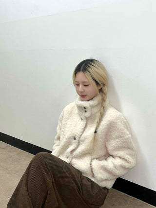 Ribbon Tie-Neck Mink Fur Textured Crop Zip-Up Jacket