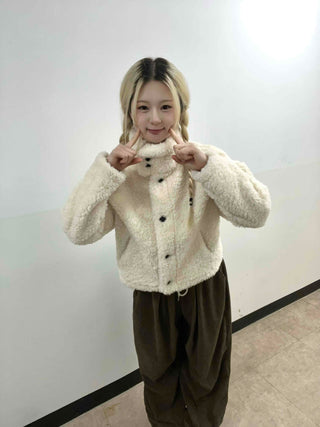 Ribbon Tie-Neck Mink Fur Textured Crop Zip-Up Jacket