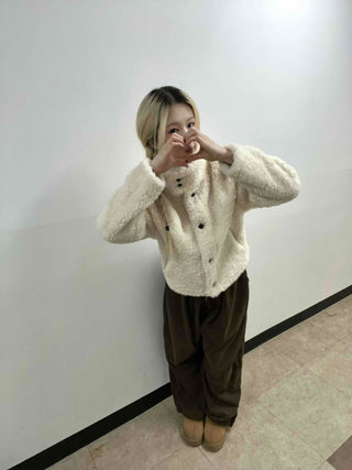 Ribbon Tie-Neck Mink Fur Textured Crop Zip-Up Jacket
