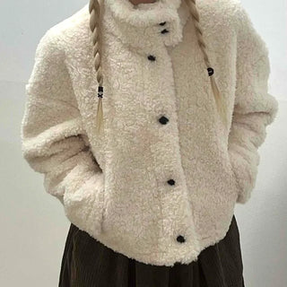 Ribbon Tie-Neck Mink Fur Textured Crop Zip-Up Jacket