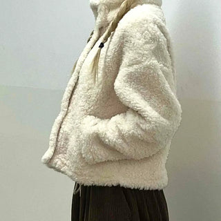Ribbon Tie-Neck Mink Fur Textured Crop Zip-Up Jacket