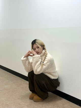 Ribbon Tie-Neck Mink Fur Textured Crop Zip-Up Jacket