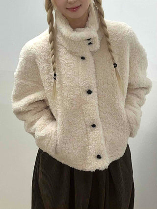 Ribbon Tie-Neck Mink Fur Textured Crop Zip-Up Jacket
