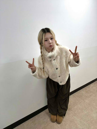 Ribbon Tie-Neck Mink Fur Textured Crop Zip-Up Jacket