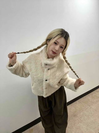 Ribbon Tie-Neck Mink Fur Textured Crop Zip-Up Jacket