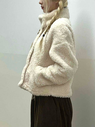 Ribbon Tie-Neck Mink Fur Textured Crop Zip-Up Jacket