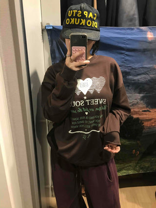 Lettering Heart Print Oversized Sweatshirt