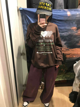Lettering Heart Print Oversized Sweatshirt