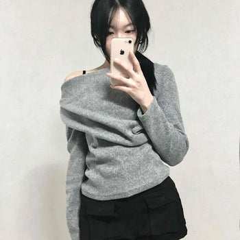 Off-shoulder Drape Slim Fit Long Sleeve T-shirt