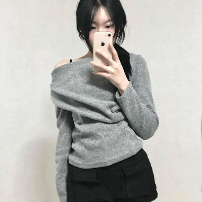 Off-shoulder Drape Slim Fit Long Sleeve T-shirt