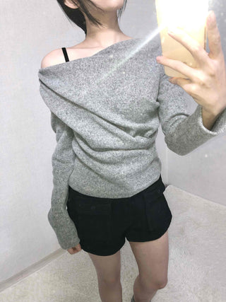 Off-shoulder Drape Slim Fit Long Sleeve T-shirt