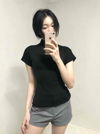 Slim Fit High-Neck Sleeveless Short-Sleeve T-Shirt