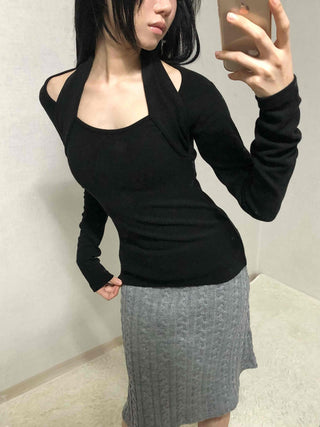 Shoulder Cutout Slim Fit Square Neck Long Sleeve Tee