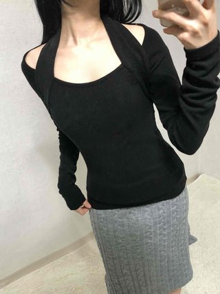 Shoulder Cutout Slim Fit Square Neck Long Sleeve Tee