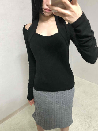 Shoulder Cutout Slim Fit Square Neck Long Sleeve Tee