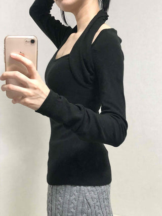 Shoulder Cutout Slim Fit Square Neck Long Sleeve Tee