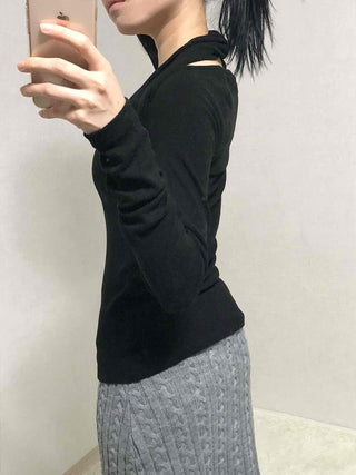 Shoulder Cutout Slim Fit Square Neck Long Sleeve Tee