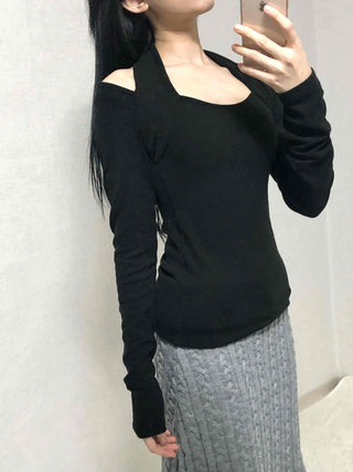 Shoulder Cutout Slim Fit Square Neck Long Sleeve Tee