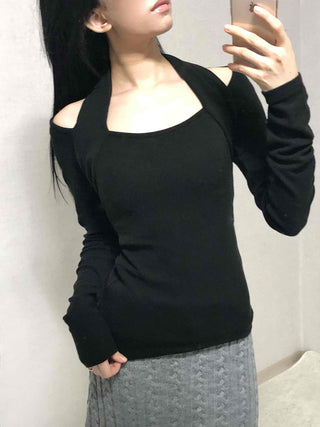 Shoulder Cutout Slim Fit Square Neck Long Sleeve Tee