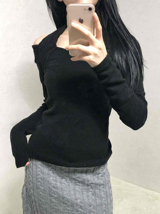 Shoulder Cutout Slim Fit Square Neck Long Sleeve Tee