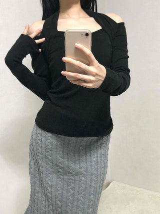 Shoulder Cutout Slim Fit Square Neck Long Sleeve Tee