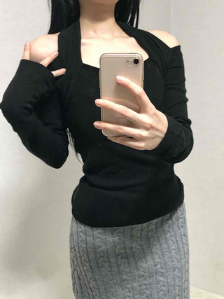Shoulder Cutout Slim Fit Square Neck Long Sleeve Tee