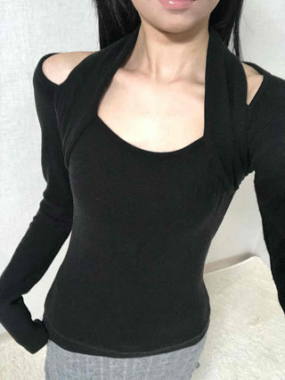 Shoulder Cutout Slim Fit Square Neck Long Sleeve Tee