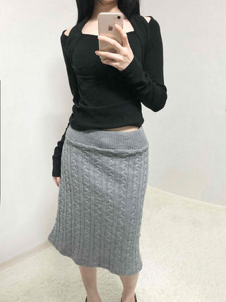 Shoulder Cutout Slim Fit Square Neck Long Sleeve Tee