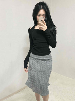 Shoulder Cutout Slim Fit Square Neck Long Sleeve Tee