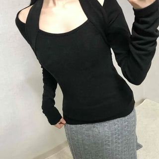 Shoulder Cutout Slim Fit Square Neck Long Sleeve Tee