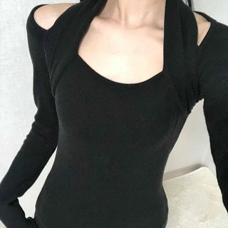 Shoulder Cutout Slim Fit Square Neck Long Sleeve Tee