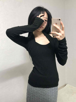 Shoulder Cutout Slim Fit Square Neck Long Sleeve Tee