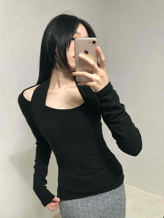 Shoulder Cutout Slim Fit Square Neck Long Sleeve Tee