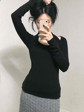 Shoulder Cutout Slim Fit Square Neck Long Sleeve Tee