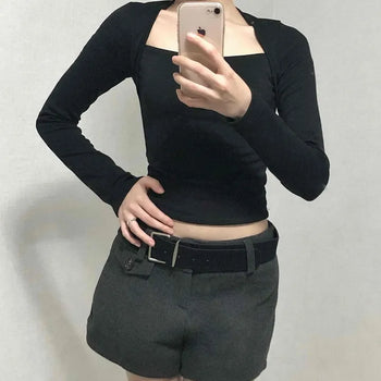 Modern Simple Ribbed Square Neck Cropped Long Sleeve T-shirt