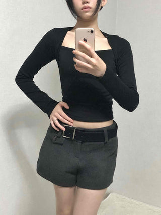Modern Simple Ribbed Square Neck Cropped Long Sleeve T-shirt
