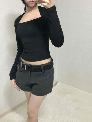 Modern Simple Ribbed Square Neck Cropped Long Sleeve T-shirt