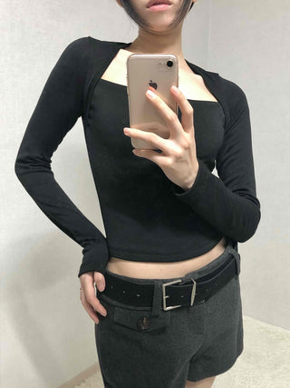 Modern Simple Ribbed Square Neck Cropped Long Sleeve T-shirt