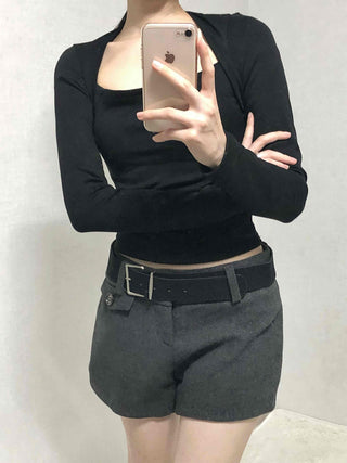 Modern Simple Ribbed Square Neck Cropped Long Sleeve T-shirt