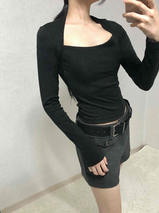 Modern Simple Ribbed Square Neck Cropped Long Sleeve T-shirt