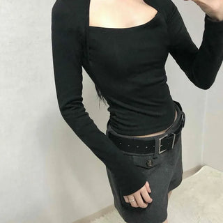 Modern Simple Ribbed Square Neck Cropped Long Sleeve T-shirt