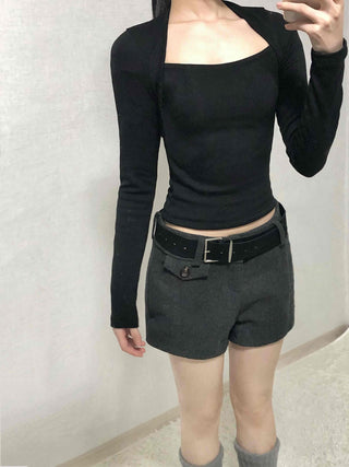 Modern Simple Ribbed Square Neck Cropped Long Sleeve T-shirt
