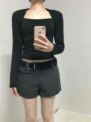 Modern Simple Ribbed Square Neck Cropped Long Sleeve T-shirt
