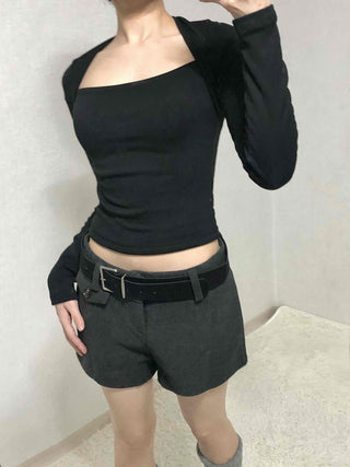 Modern Simple Ribbed Square Neck Cropped Long Sleeve T-shirt