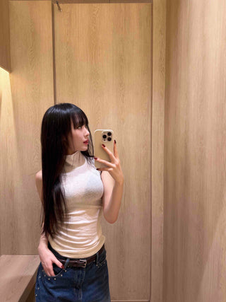 Angora Turtleneck Slim Ribbed Sleeveless Knit