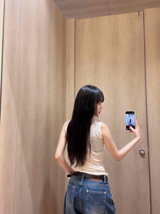 Angora Turtleneck Slim Ribbed Sleeveless Knit
