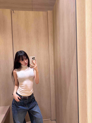 Angora Turtleneck Slim Ribbed Sleeveless Knit