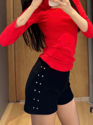 Side Double Stud Slim Fit Mini Shorts