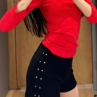 Side Double Stud Slim Fit Mini Shorts